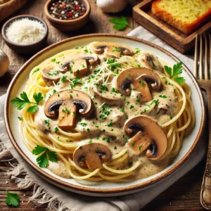 Spaghetti in rich and creamy mushroom sauce
