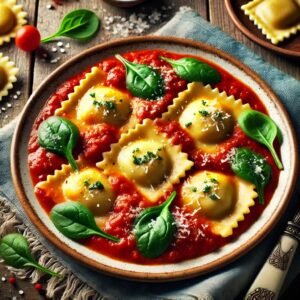 Spinach and cheese ravioli in mix sauce